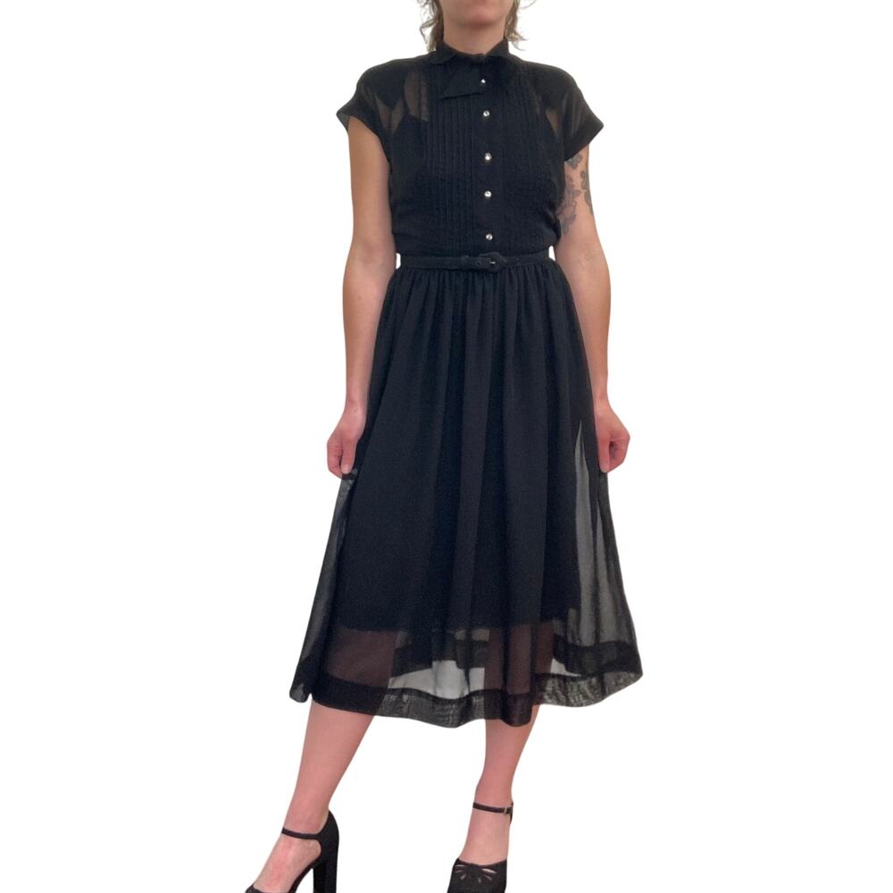 1960s Georgette Vintage Sheer Black Shirtwaist Dress